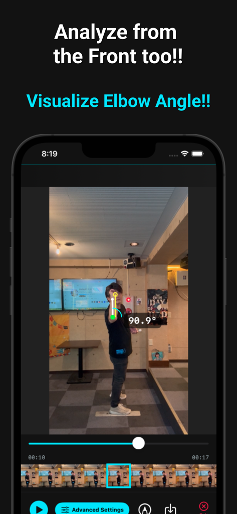 Front view of a darts player with AI visualization showing an elbow angle of 90.9 degrees