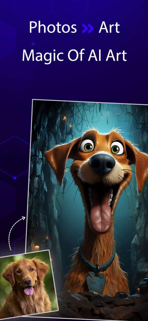 Adult Ai Art Generator - 실제 골든 리트리버 사진이 AI 아트 생성을 사용하여 스타일화된 만화 개로 변환된 모습 비교