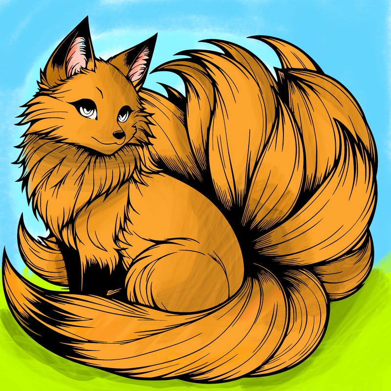 realistic detailed 9 tailed anime fox