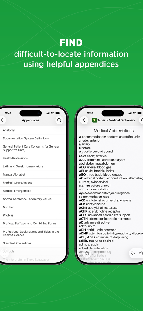 Taber's Medical Dictionary - Tabers Medical Dictionary app interface showing the appendices menu and a list of medical abbreviations