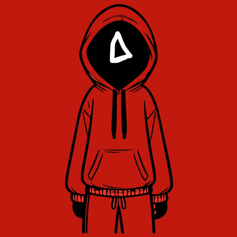 faceless girl in a tracksuit with a hood on and no hair