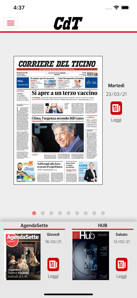 CdT E-paper - Corriere del Ticino新聞の表紙のデジタルレプリカを示すCdT E-paperアプリのインターフェース。
