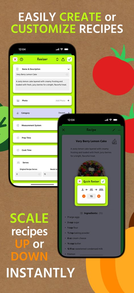 Pantallas de la aplicación Recipe Resizer que muestran cómo crear y escalar recetas al instante.