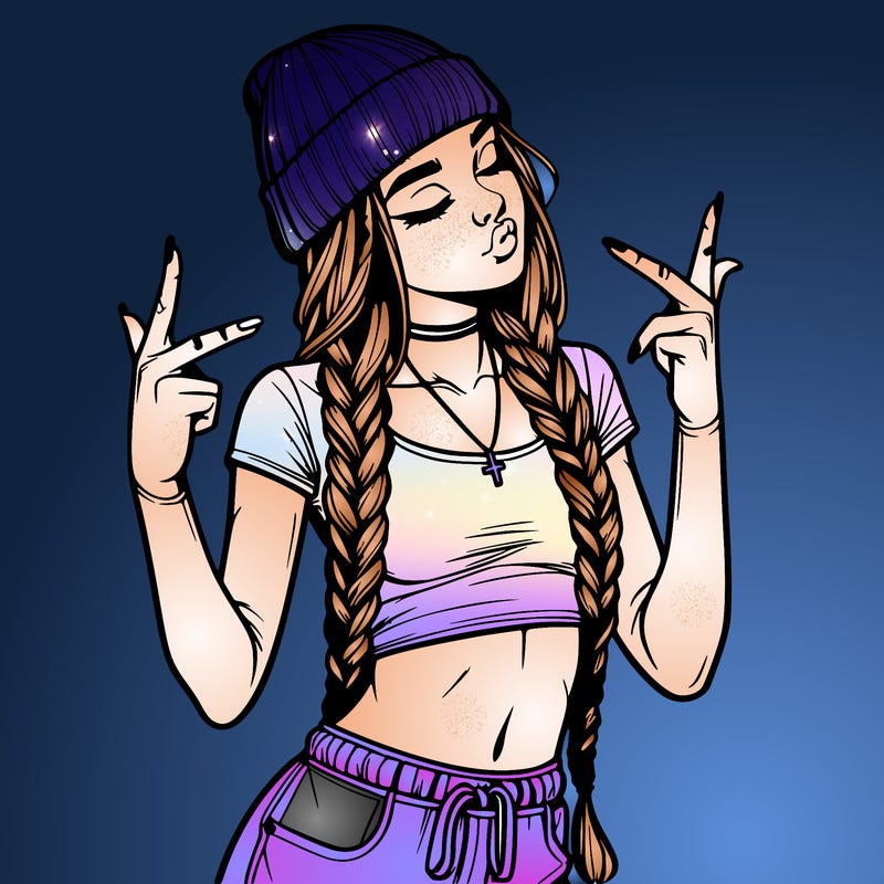 realistic teenage girl with braids and a beanie and crop top doing 🫶🏼