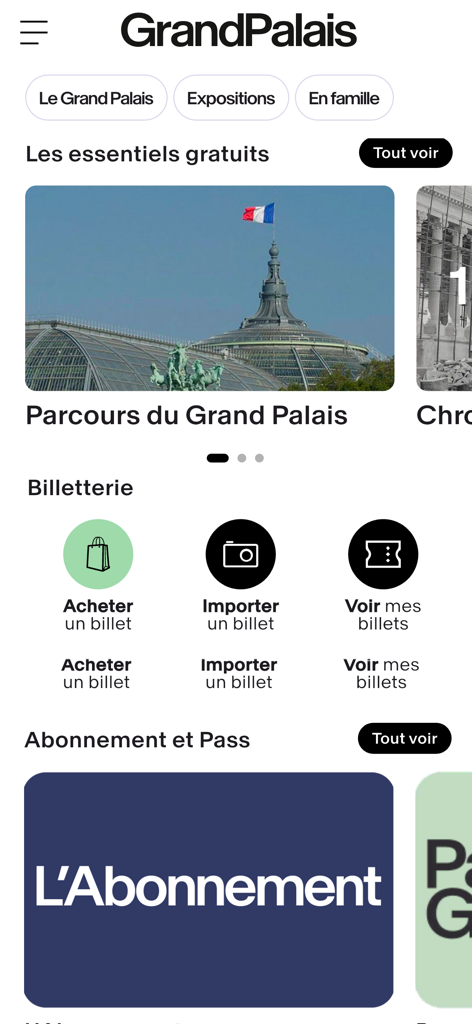 Interfaccia dell'app mobile Grand Palais Paris che mostra opzioni di gestione biglietti e tour del museo