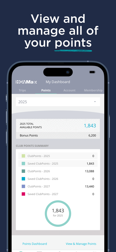 Mobile app screen showing a summary of Hilton Grand Vacations membership points for multiple years on a digital dashboard.
