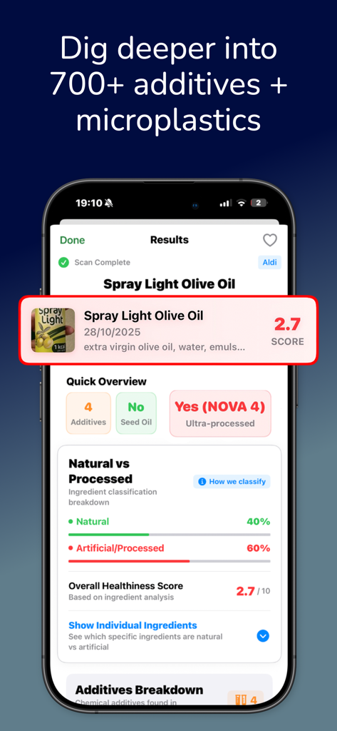 Capture d'écran de l'application Exposr montrant une analyse détaillée des ingrédients pour les additifs et les microplastiques avec un faible score de santé
