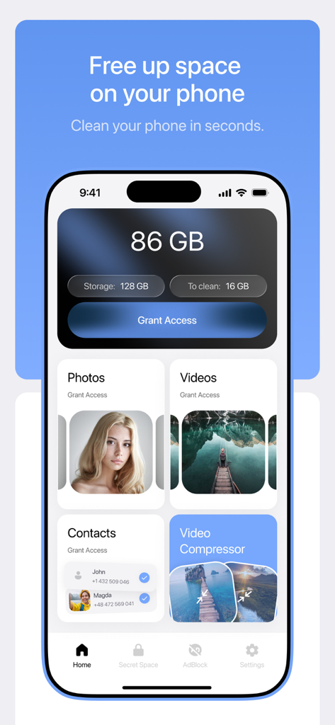Blyss - cleaner app - Blyss app dashboard displaying storage status and features like video compressor and secret space on an iPhone.