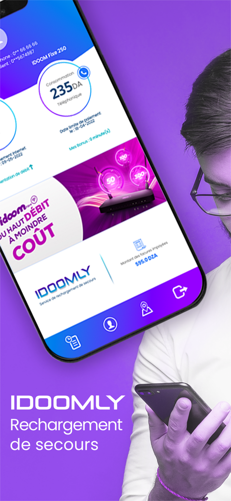 My Idoom - Interface de l'application My Idoom sur smartphone montrant la consommation du compte et la recharge d'urgence