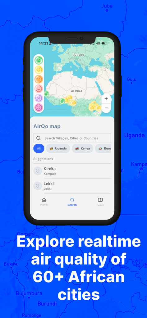 AirQo - Air Quality - Capture d'écran de l'application AirQo montrant des données de qualité de l'air en temps réel sur une carte des villes africaines