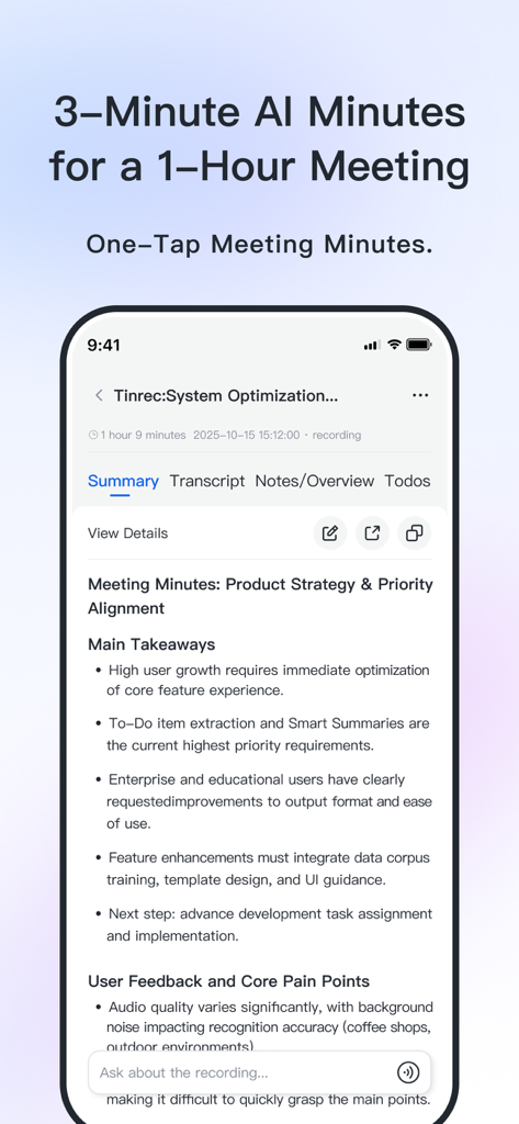 Tinrec Transcribe Voice Notes - Pantalla de un smartphone que muestra un resumen generado por IA de una reunión de una hora con los puntos clave en la aplicación Tinrec.