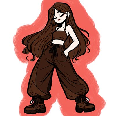 girl in baggy pants crop top and long hair