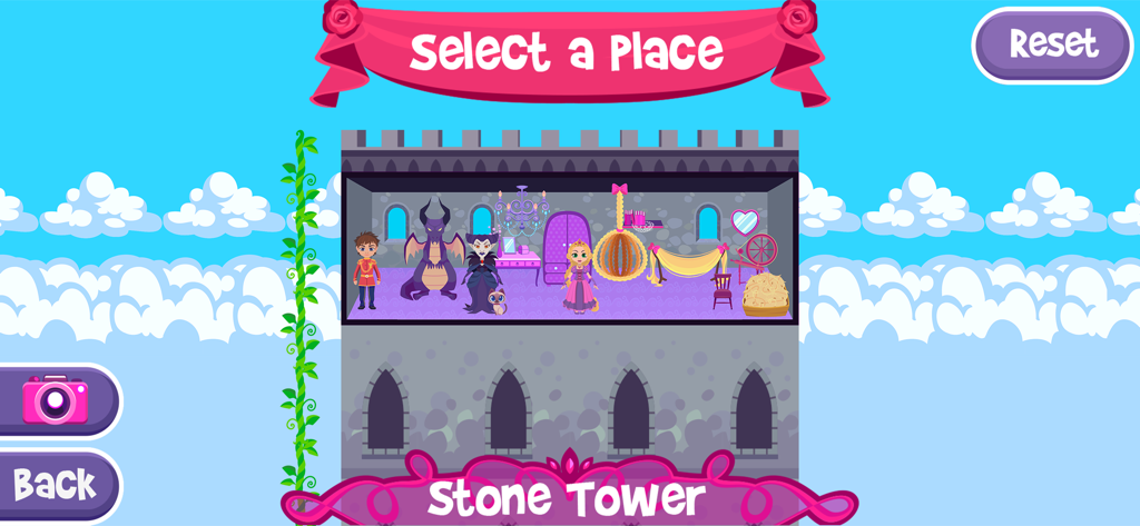My Fairy Tale - Game - A game screen showing a stone tower with fairy tale characters like a princess, dragon, and prince inside.