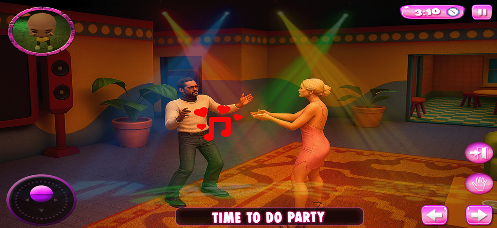 Dos personajes adultos bailando en una escena de fiesta en la sala de estar dentro del juego simulador de bromas