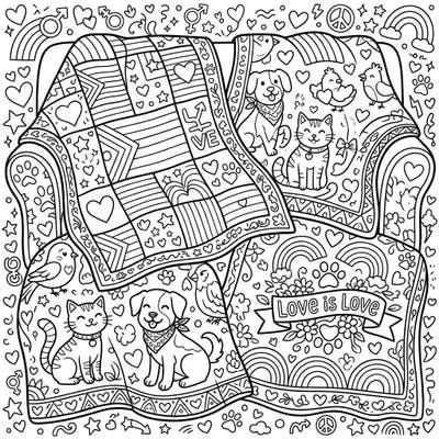 Curl up with this heartwarming coloring page celebrating pets, pride, and unconditional love. Featuring adorable cats, dogs, and birds nestled on blankets adorned with vibrant rainbow and diversity symbols, it's perfect for a relaxing creative moment.
