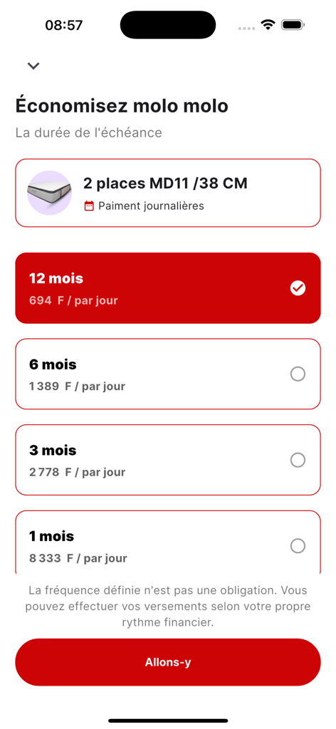 Interfaz de la aplicación Molo Molo Pay mostrando planes de pago diarios flexibles para un colchón durante períodos de 1 a 12 meses