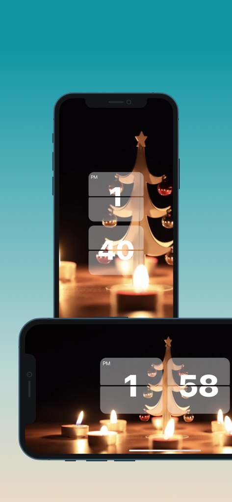 Heal Clock - Heal Clock app on two iPhones showing a minimalist flip clock over a cozy Christmas scene with lit candles.