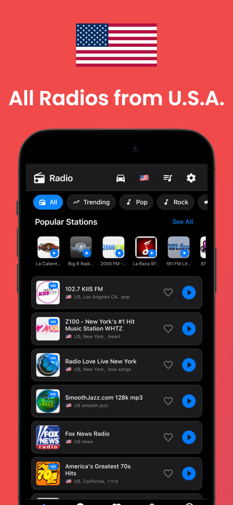 Radio App: Stations & Podcasts - Mobile app interface showing a list of popular US radio stations including Z100 and Fox News