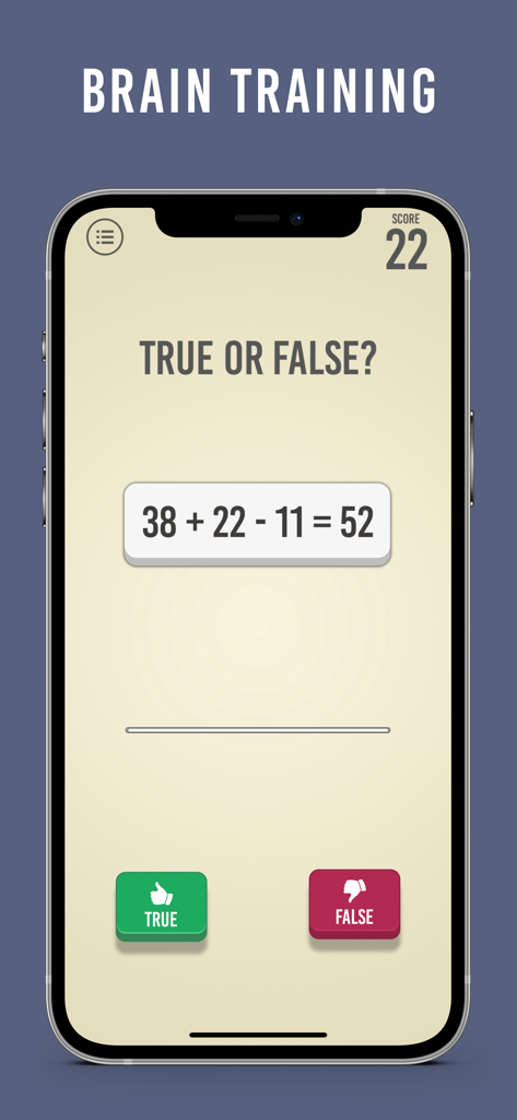 Captura de pantalla de la app de entrenamiento cerebral Math Bits con un acertijo de cálculo mental verdadero o falso.