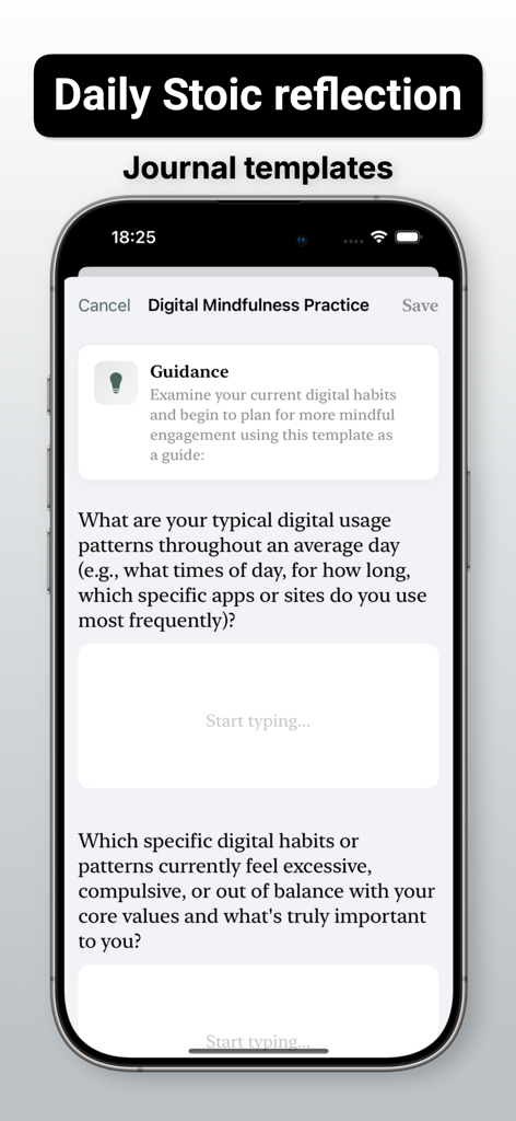 Stoicism - Praxis - Stoicism Praxis app screenshot showing a digital mindfulness journal template with daily reflection prompts