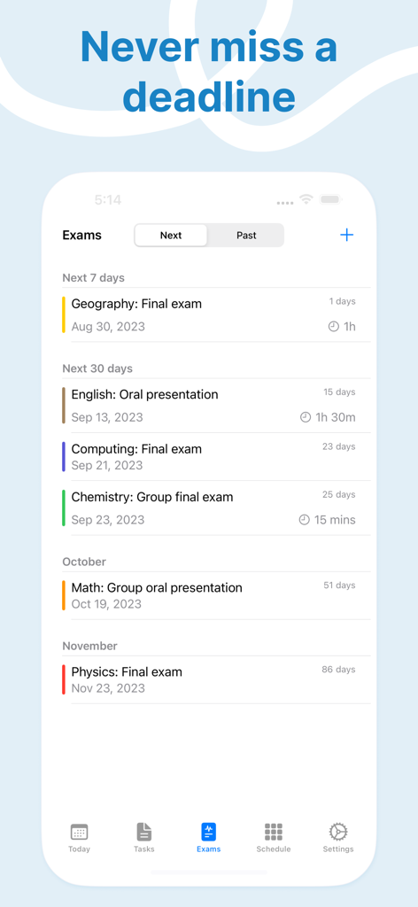 InClass - School Planner - Interface of the InClass app showing a color coded list of upcoming school exams and deadlines.