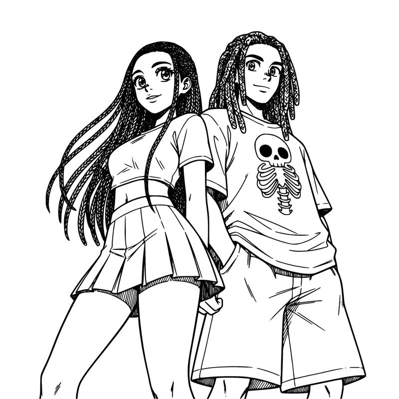 girl micro braids 5'9feet tall dark skin dark brown long hair short skirt back to back to a boy 6'1 dark skin shorts shirt with a skeleton  head on it and it is untucked and he has dreads