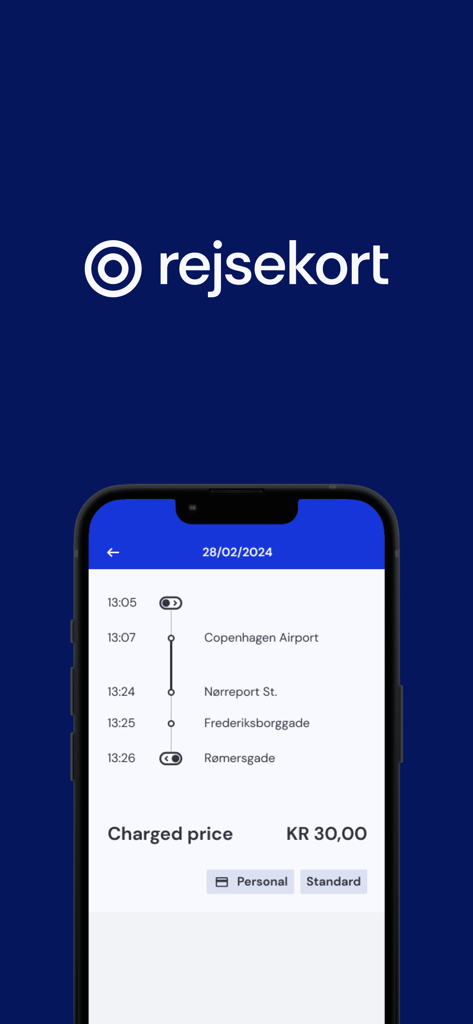 A mobile phone screen displaying the Rejsekort app journey summary with transit stops and the total charged price.