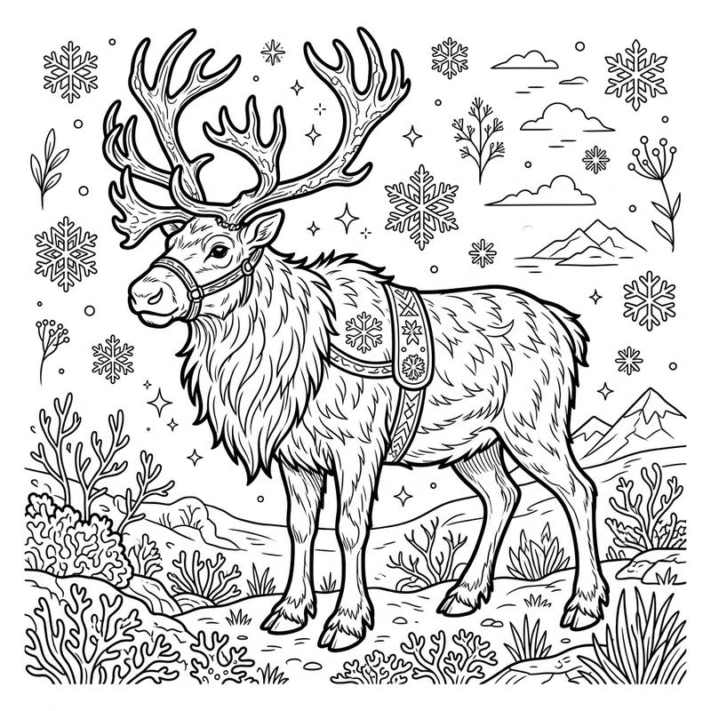 Embark on a creative journey with this beautiful tundra reindeer coloring page, specifically designed for seniors. Featuring large print and clear lines, it offers a calming and accessible way to enjoy the wonders of winter.