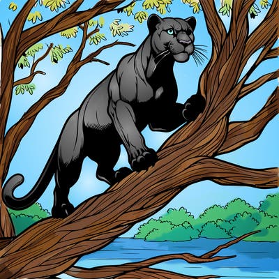 realistic panter in climbing a tree looking intimidating