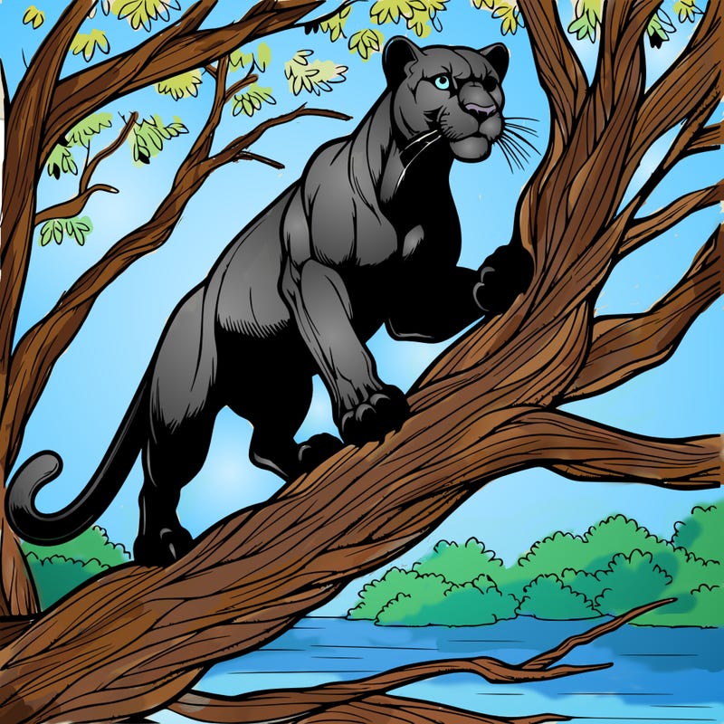 realistic panter in climbing a tree looking intimidating