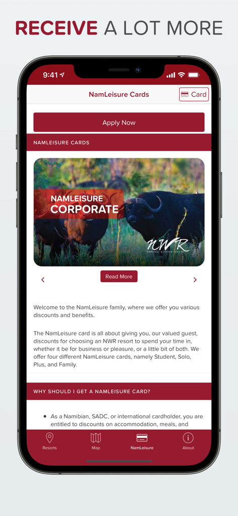 The NamLeisure card section of the Namibia Wildlife Resorts app showing membership options and benefits.