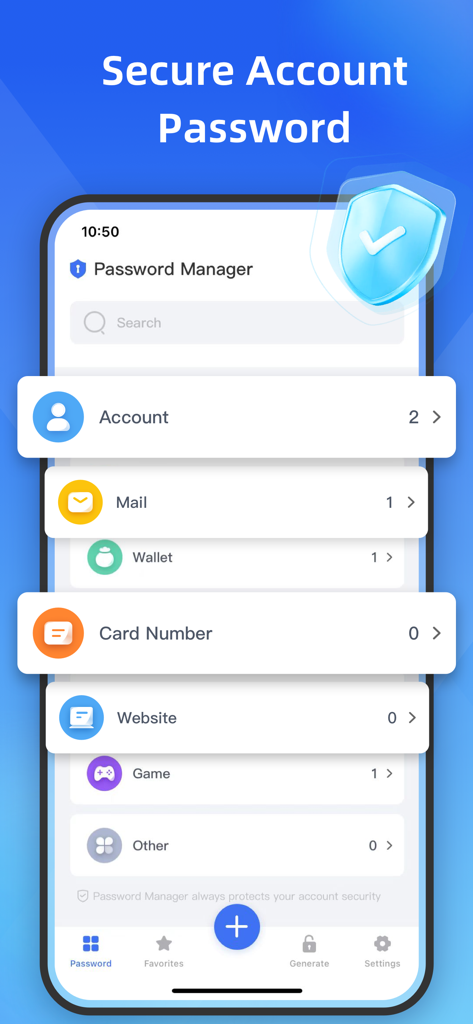 Oberfläche der SecureSafe Passwortmanager-App mit Konto-Kategorien und einem Sicherheitsschild-Symbol.