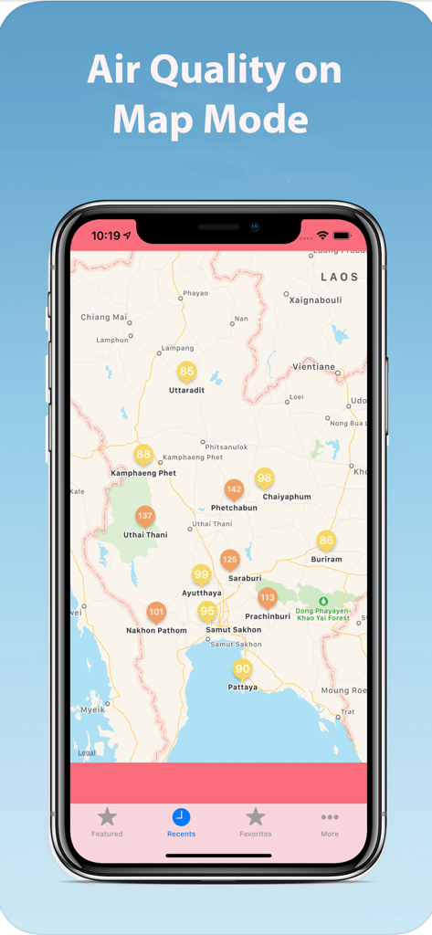 지도에 대기질 지수 데이터가 표시된 모바일 앱 인터페이스
