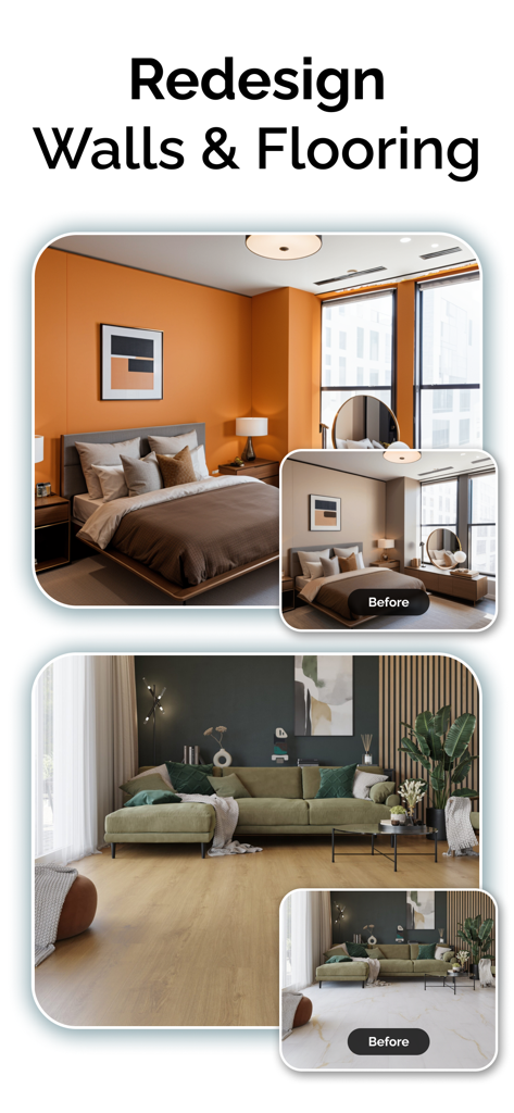 Application de conception de maison IA montrant des refontes de murs et de sols avant et après