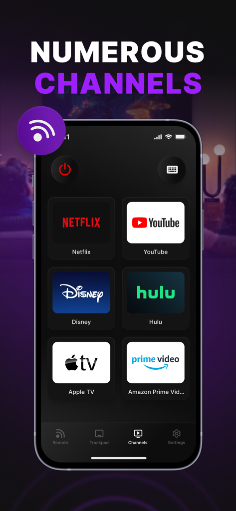Roku TCL remote app interface displaying icons for Netflix YouTube Disney Plus and other streaming channels
