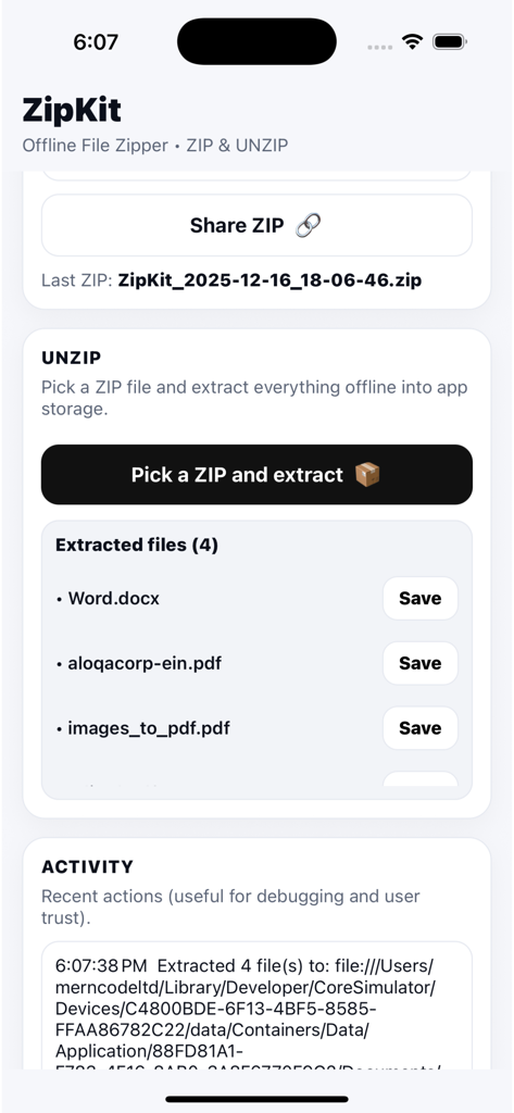 ZipKit: Offline File Zipper - ZipKit app interface showing the offline unzip feature and a list of extracted files ready to save