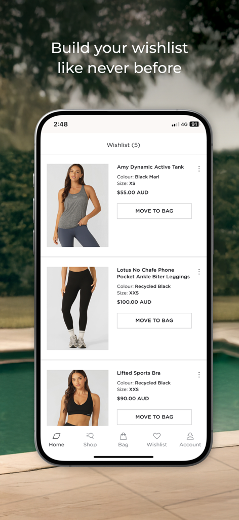 Lorna Jane mobile app shoppable wishlist feature showing a selection of women's activewear including leggings and sports bras