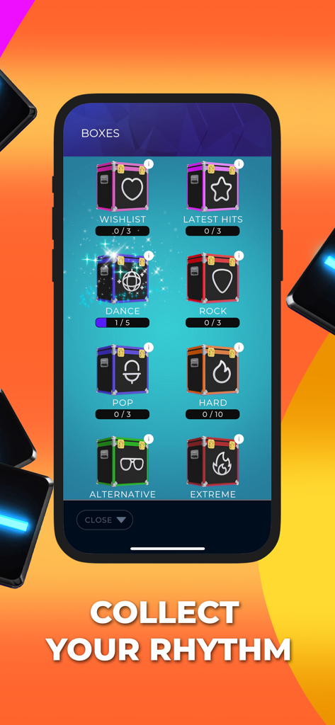 SuperStar: Music Game - Una pantalla de menú en SuperStar Music Game que muestra varias cajas de géneros musicales coleccionables como Pop, Rock y Dance