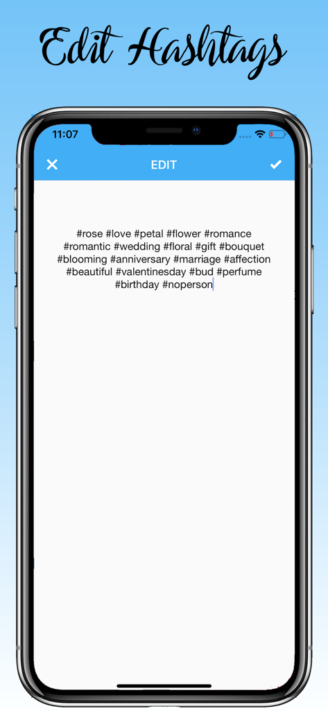 Una captura de pantalla de la aplicación Auto Hashtag Maker Pro mostrando la interfaz de edición de hashtags.