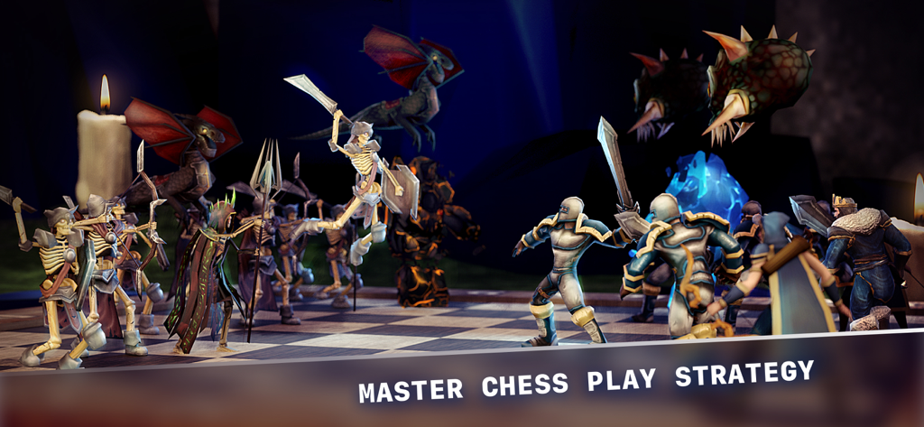 3D animated fantasy characters as chess pieces on a checkered board