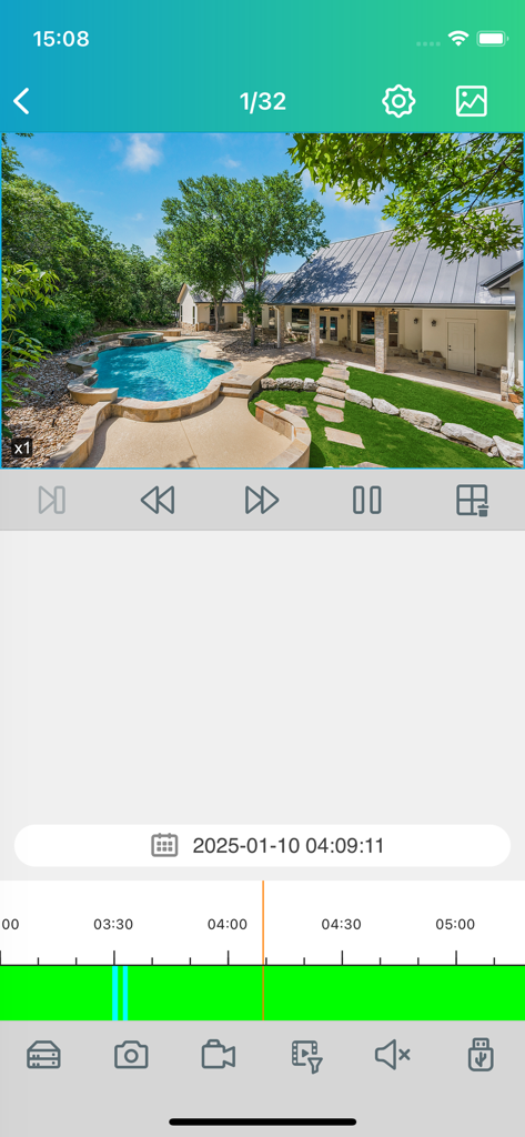 GVD Lumina - Professional security app interface showing remote video playback of a residential property with a timeline and control icons