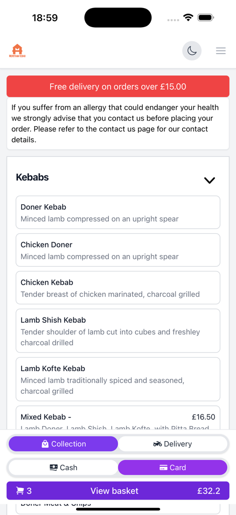 Merstham Kebab House - Menu screen of the Merstham Kebab House app showing kebab listings and checkout options