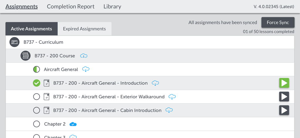 Lista de asignaciones activas para capacitación aeronáutica B737 en la aplicación CPaT Mobile 4.