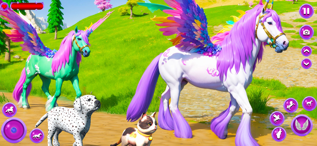 Princess Pet's Unicorn Horse - Dos unicornios alados, un cachorro dálmata y un gato en un paisaje de fantasía colorido del juego Caballo Unicornio de Princess Pet.