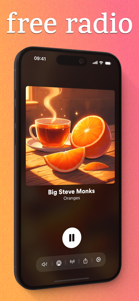 streammm: Radio, Lofi & Jazz - A mobile phone displaying the streammm app interface playing lofi radio with a minimalist design and a cozy illustration of tea and oranges.