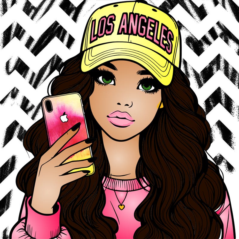 realistic beautiful girl wearing los ángeles cap holding an iphone