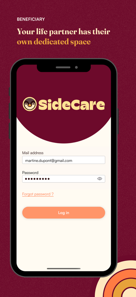 Page de connexion de l'application SideCare pour l'accès au compte du bénéficiaire.