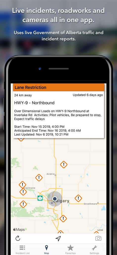 Alberta Roads app screenshot showing live traffic incident reports and a map view of road conditions around Calgary