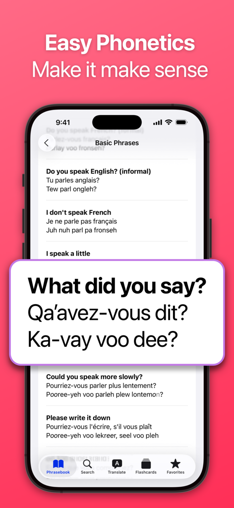 SpeakEasy French: Phrasebook - SpeakEasy French app interface displaying common travel phrases with phonetic pronunciation guides for English speakers.
