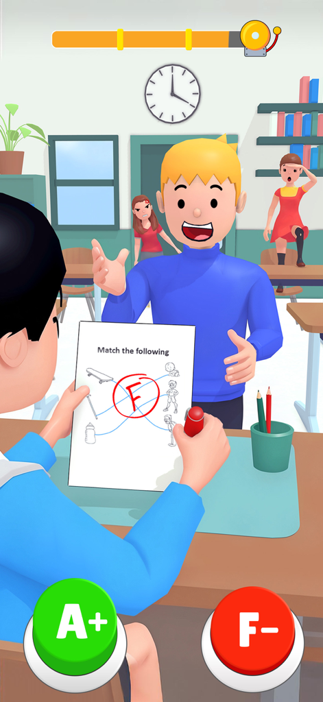 Pass or Fail - School Games - First person view of a teacher grading a school paper with A plus and F minus choice buttons